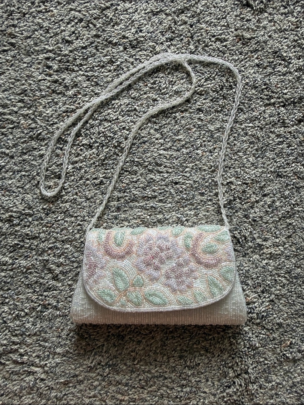 Vintage Hand Beaded Floral Evening Crossbody Bag in Ivory and Pastel